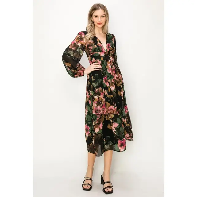 Evelyn Chiffon Floral Maxi Dress - Green