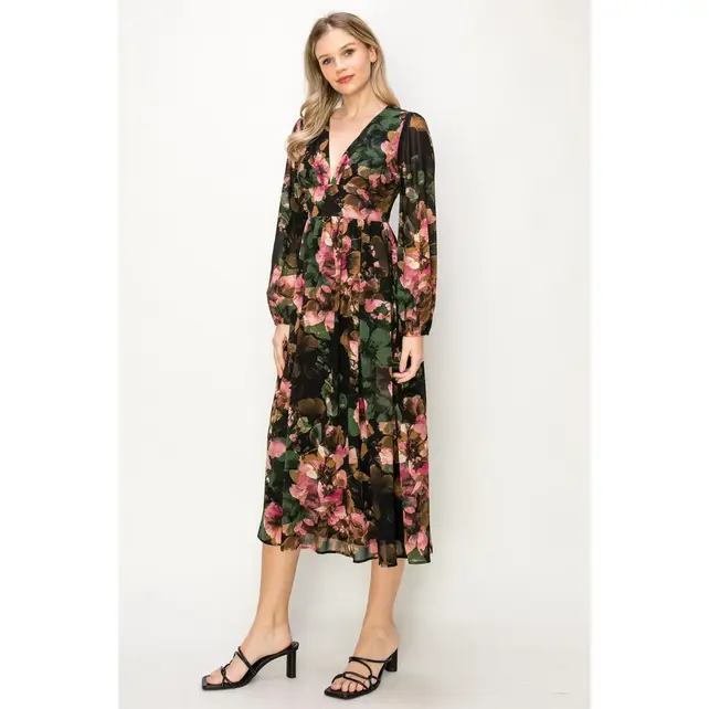 Evelyn Chiffon Floral Maxi Dress - Green