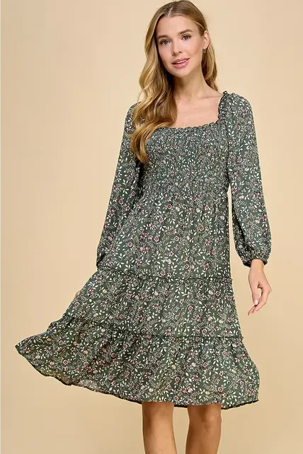Cleo Tiered Long Sleeve Dress - Sage
