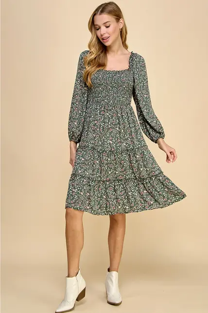 Cleo Tiered Long Sleeve Dress - Sage