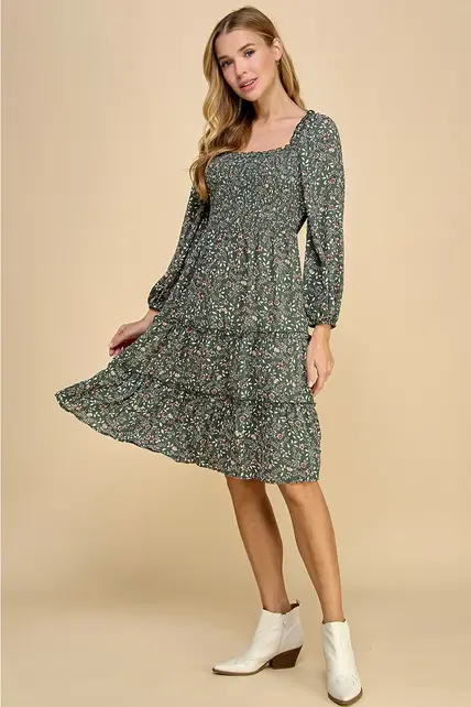 Cleo Tiered Long Sleeve Dress - Sage
