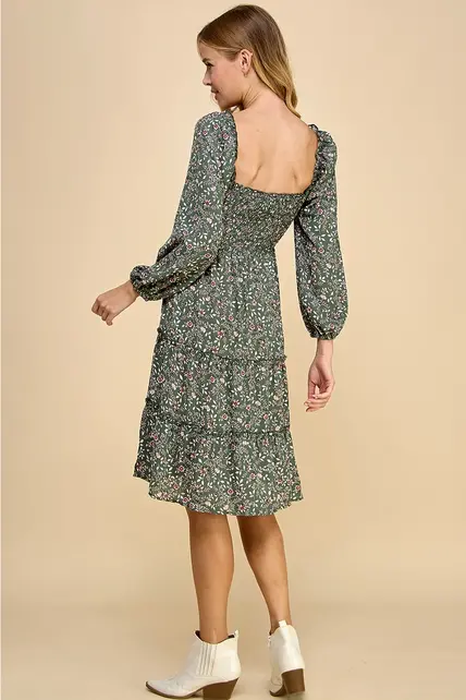 Cleo Tiered Long Sleeve Dress - Sage