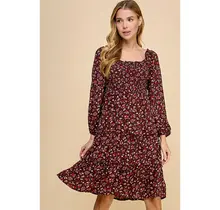 Cleo Tiered Long Sleeve Dress - Burgundy
