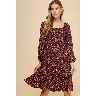 Cleo Tiered Long Sleeve Dress - Burgundy