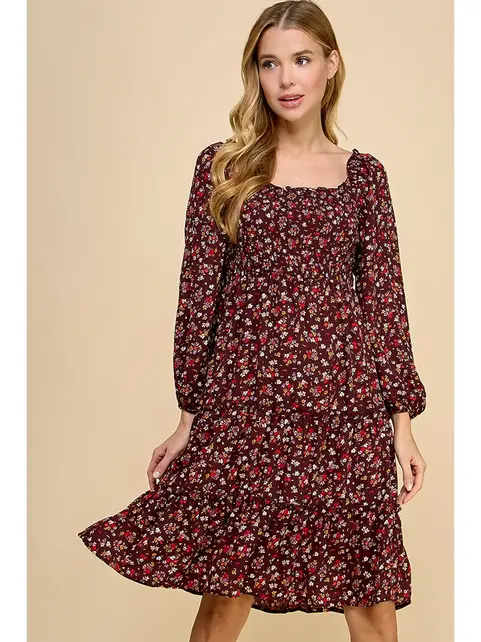 Cleo Tiered Long Sleeve Dress - Burgundy