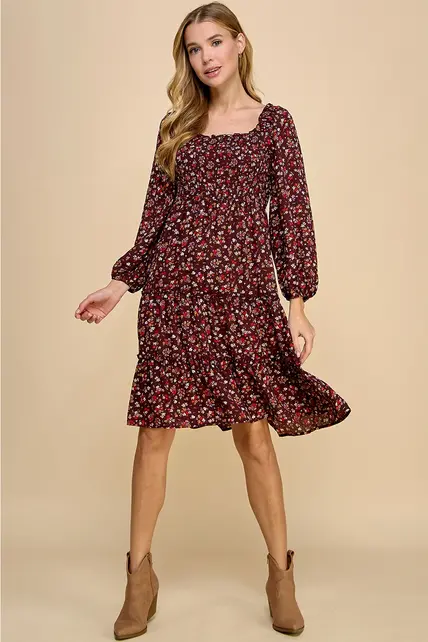 Cleo Tiered Long Sleeve Dress - Burgundy