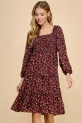 Cleo Tiered Long Sleeve Dress - Burgundy