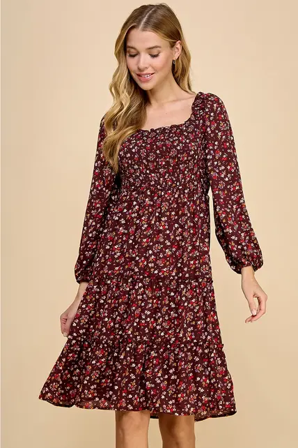 Cleo Tiered Long Sleeve Dress - Burgundy