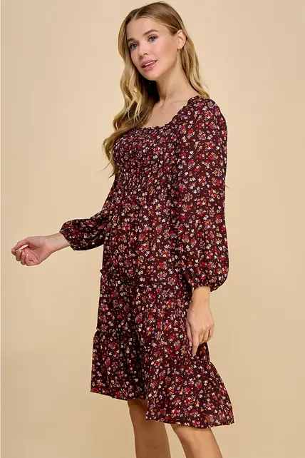 Cleo Tiered Long Sleeve Dress - Burgundy