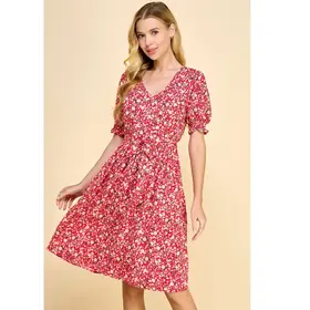 Cassia V-Neck Empire Bust Dress - Red