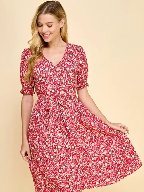 Cassia V-Neck Empire Bust Dress - Red