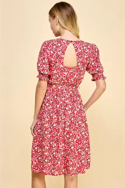Cassia V-Neck Empire Bust Dress - Red