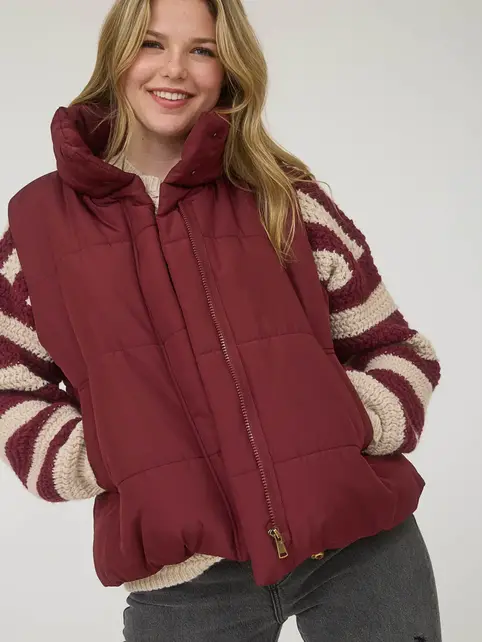 Zip Up Puffer Vest - Burgundy