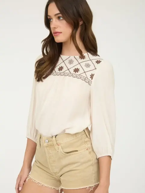 Clarissa Embroidered 3/4 Sleeve - Cream