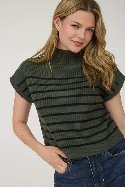 Callyn Stripe Mock Sweater - Forest Green