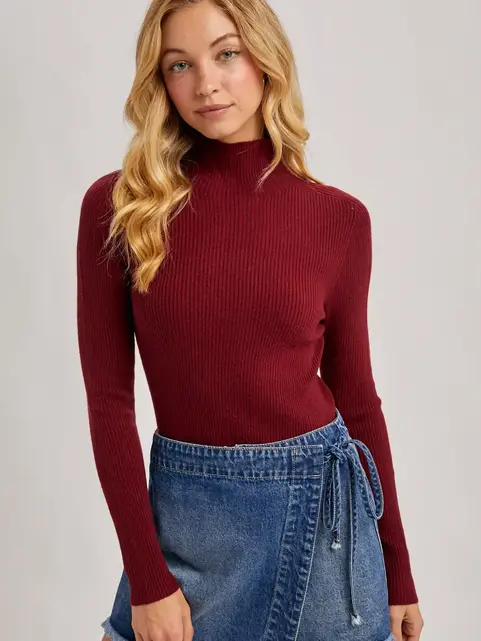 Brinley  Mock Neck Ribbed Knit Sweater - Burgundy