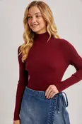 Brinley  Mock Neck Ribbed Knit Sweater - Burgundy