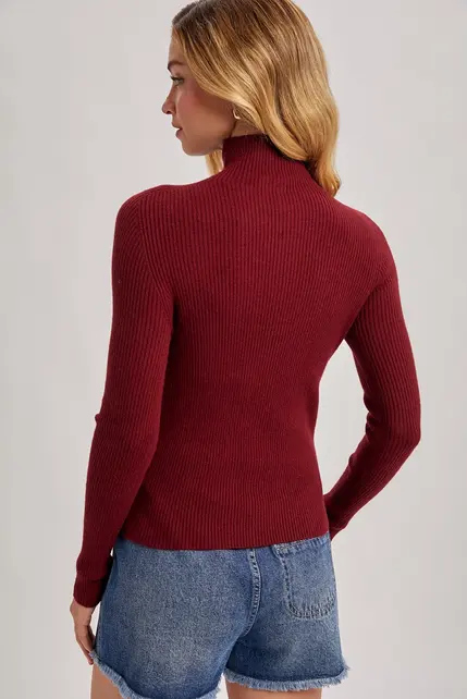Brinley  Mock Neck Ribbed Knit Sweater - Burgundy