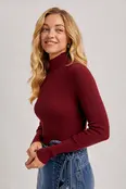 Brinley  Mock Neck Ribbed Knit Sweater - Burgundy
