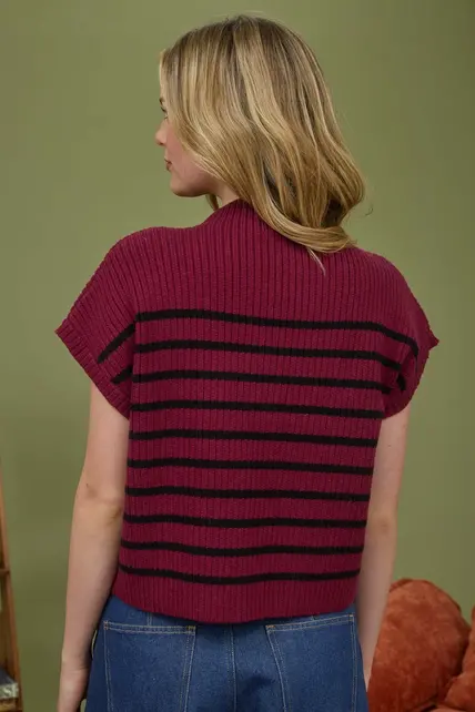 Callyn Stripe Mock Sweater - Burgundy