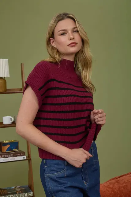 Callyn Stripe Mock Sweater - Burgundy