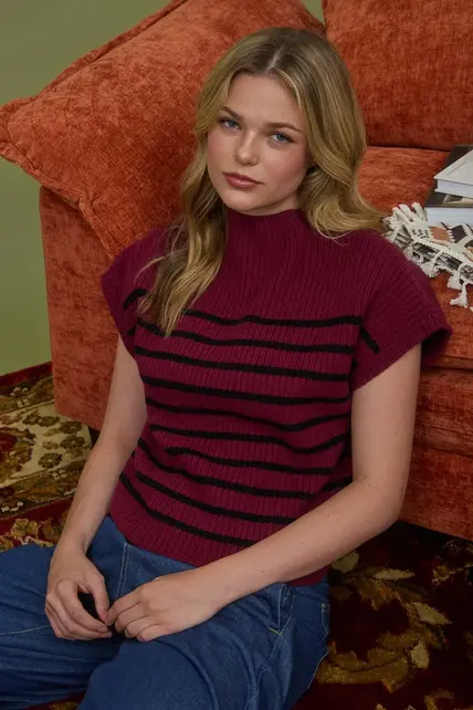 Callyn Stripe Mock Sweater - Burgundy