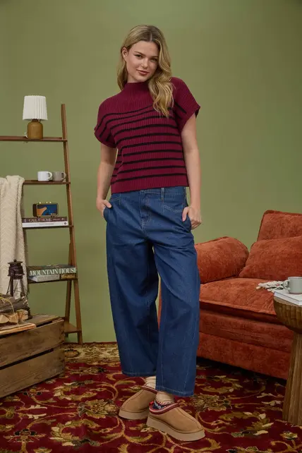 Callyn Stripe Mock Sweater - Burgundy