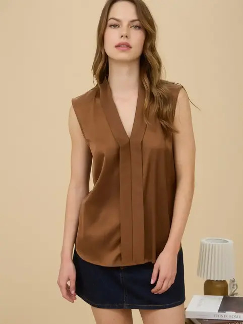 Willow Satin Sleeveless Blouse - Brown