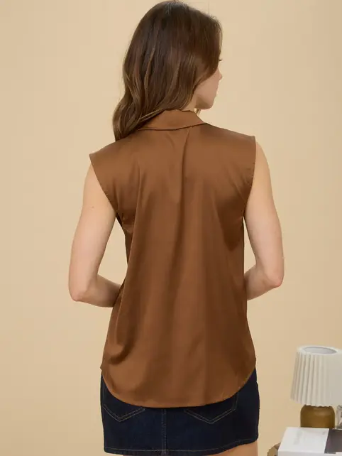 Willow Satin Sleeveless Blouse - Brown
