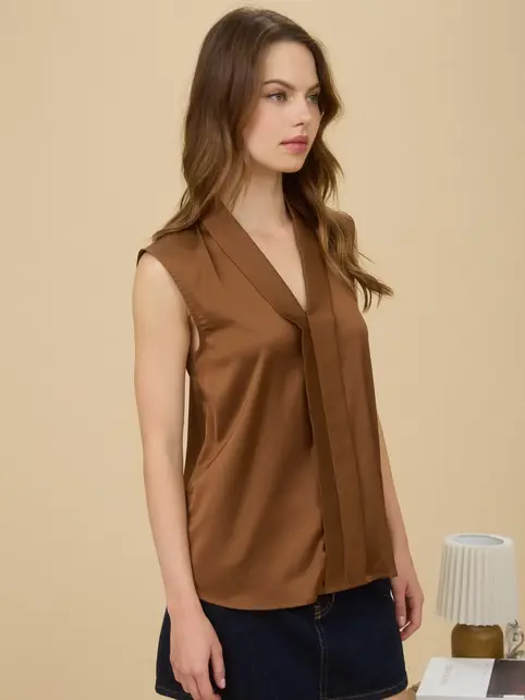 Willow Satin Sleeveless Blouse - Brown