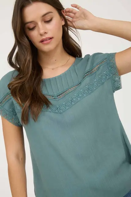 Wilde Lace Trim Short Sleeve - Dusty Teal
