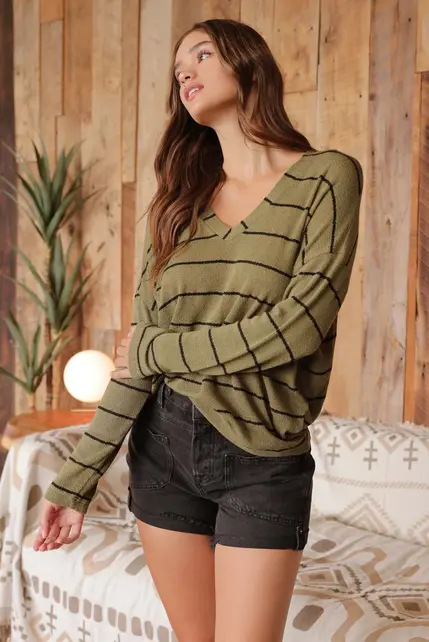 Stevie Striped Drop Shoulder Long Sleeve - Olive