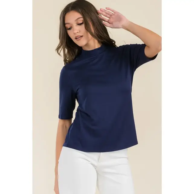 Beatrix Elbow Sleeve  Mockneck Top - Navy