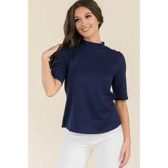 Beatrix Elbow Sleeve  Mockneck Top - Navy