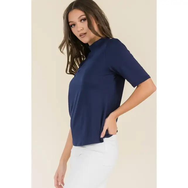 Beatrix Elbow Sleeve  Mockneck Top - Navy