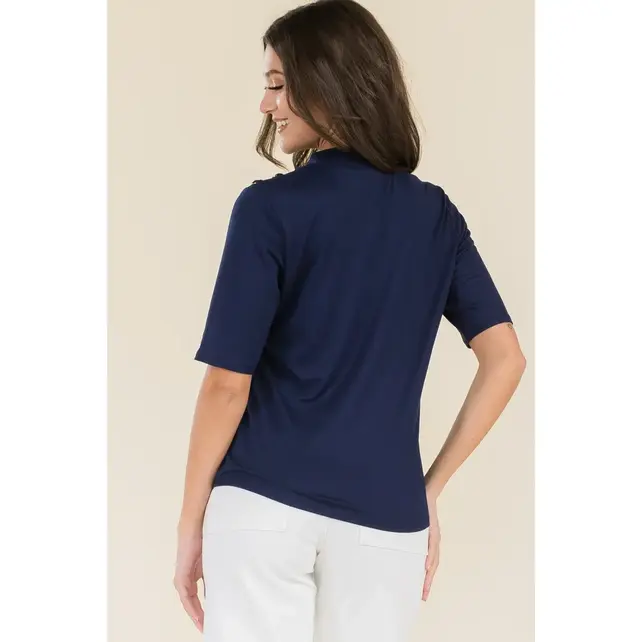 Beatrix Elbow Sleeve  Mockneck Top - Navy