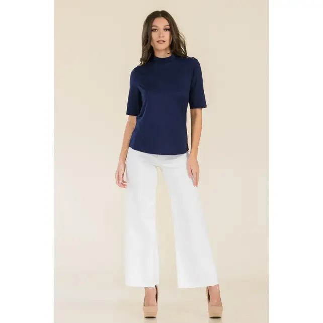 Beatrix Elbow Sleeve  Mockneck Top - Navy