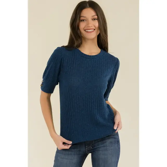 Tortoise Buttons Puff Sweater - Dark Teal