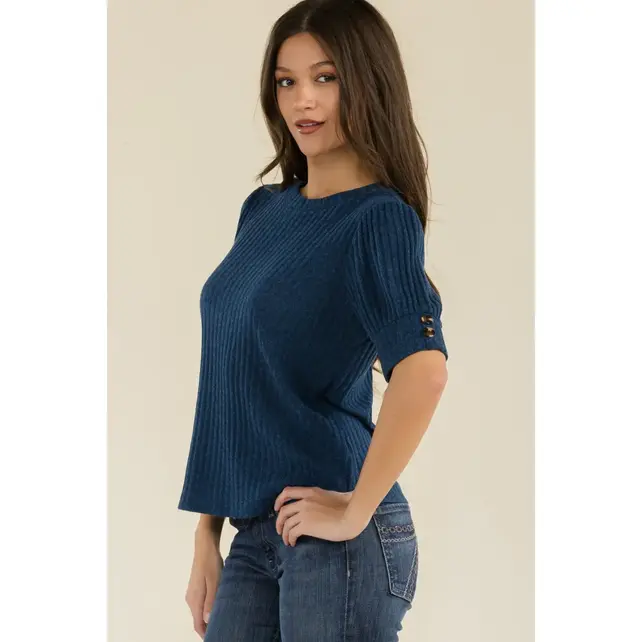 Tortoise Buttons Puff Sweater - Dark Teal