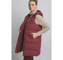 Hooded Long Quilted Puffer Vest - Burgundy