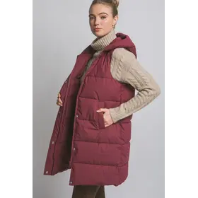 Hooded Long Quilted Puffer Vest - Burgundy