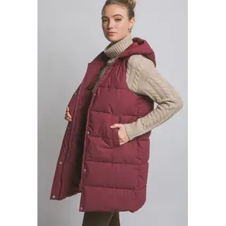 Hooded Long Quilted Puffer Vest - Burgundy