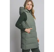 Hooded Long Quilted Puffer Vest - Olive