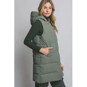 Hooded Long Quilted Puffer Vest - Olive