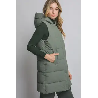 Hooded Long Quilted Puffer Vest - Olive