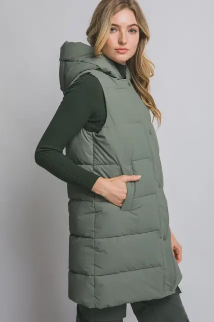 Hooded Long Quilted Puffer Vest - Olive
