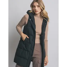 Hooded Long Quilted Puffer Vest - Black