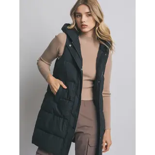 Hooded Long Quilted Puffer Vest - Black