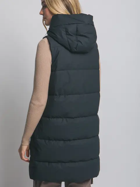 Hooded Long Quilted Puffer Vest - Black