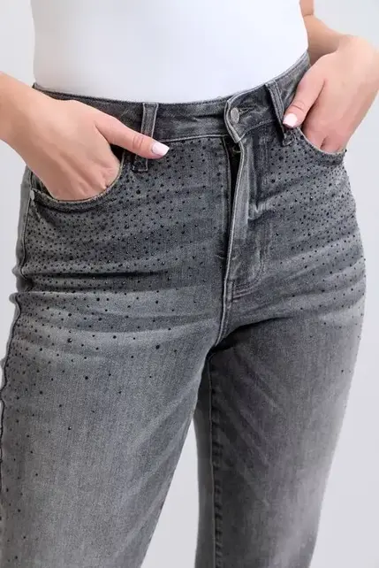 Rhinestone Straight Leg Jean - Gray